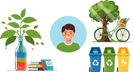 Environmental awareness illustration, recycling bins, sustainable living, green bicycle, eco-friendly habits, plant in bottle, cloud portrait, education concept, nature conservation, healthy lifestyle © MSTESMOTARA