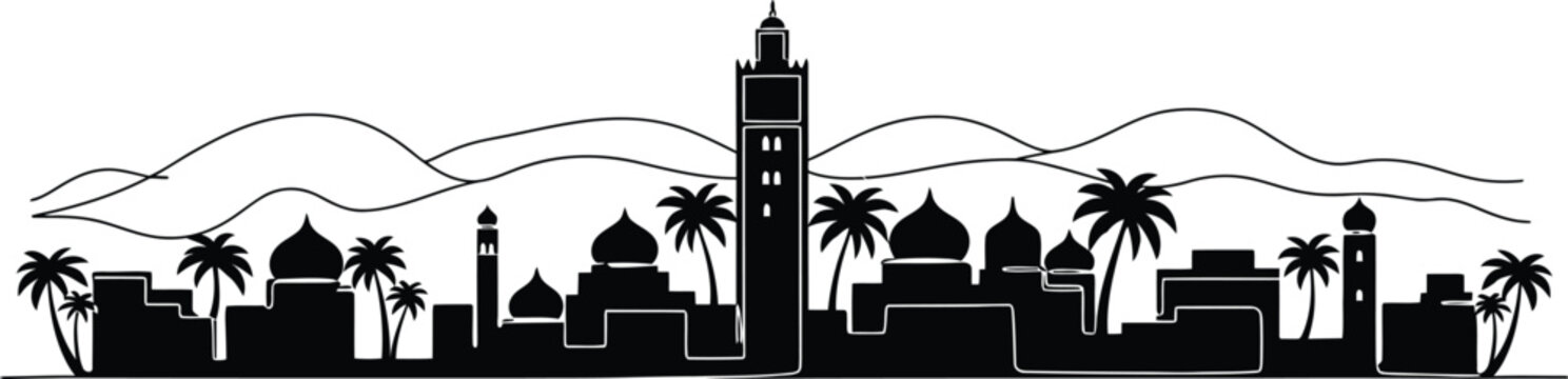 Morocco city skyline, Islamic holy sites cityscape, Kaaba and the Grand Mosque of Mecca. Middle Eastern architectural style with domes and arches, palm trees, hills or mountains silhouette