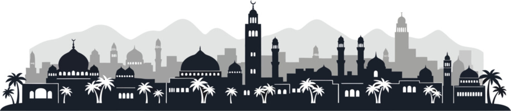 Morocco city skyline, Islamic holy sites cityscape, Kaaba and the Grand Mosque of Mecca. Middle Eastern architectural style with domes and arches, palm trees, hills or mountains silhouette