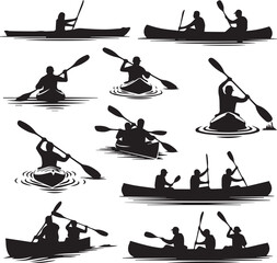 Kayaking and Canoeing Silhouettes Set - Vector Icons of People Rowing Boats © icon center