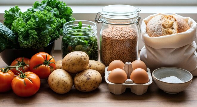 Assortment of Fresh Produce, Grains, Eggs, and Bread on a Wooden Surface