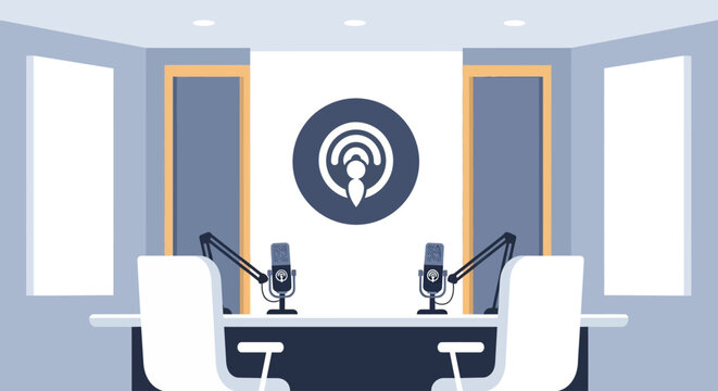 A flat design illustration of a professional, aesthetic indoor podcast studio, subtly integrating a clean, minimalist podcast logo for branding