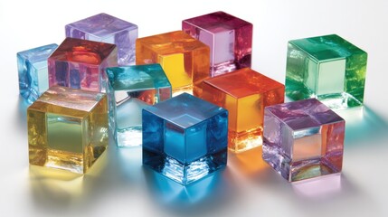 Fototapeta premium Bright multicolored transparent acrylic cubes on white surface.