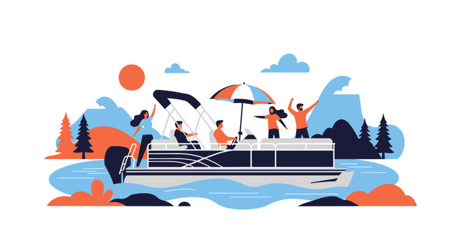 Cheerful friends enjoying a summer party on a pontoon boat, cruising on a scenic lake surrounded by mountains and forests.