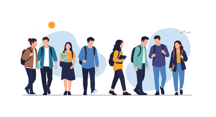 Naklejka premium Flat vector illustration of a diverse group of young college students with backpacks and books walking and talking together.