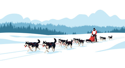 Man mushing a team of Siberian husky dogs on a sled through a snowy winter landscape with mountains and a pine forest.
