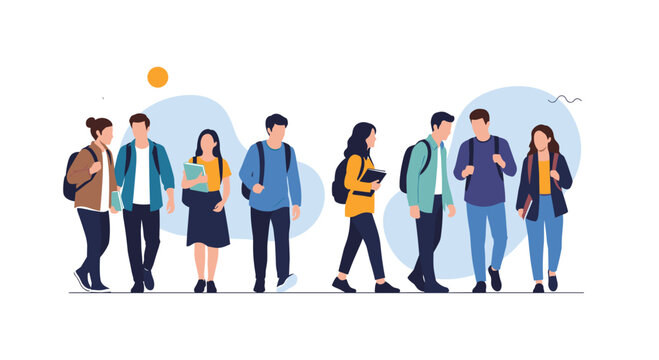Flat vector illustration of a diverse group of young college students with backpacks and books walking and talking together.