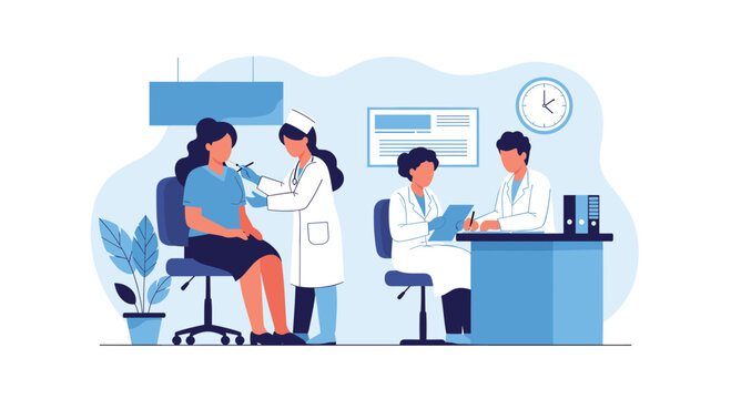 Vector illustration of a patient receiving a vaccination shot from a nurse in a hospital, with doctors in the background.