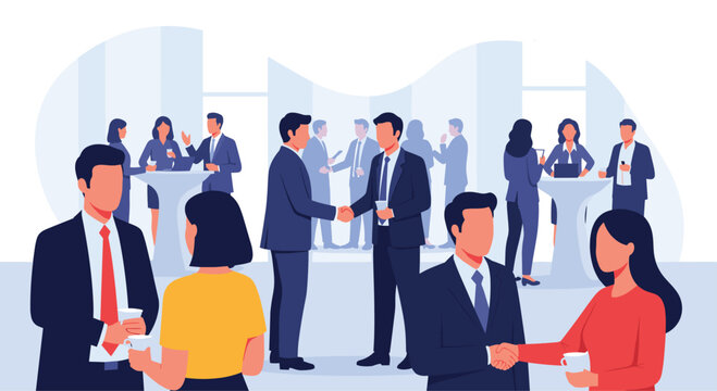 Business people networking and communicating during a corporate event, conference break, or office party with drinks and snacks.