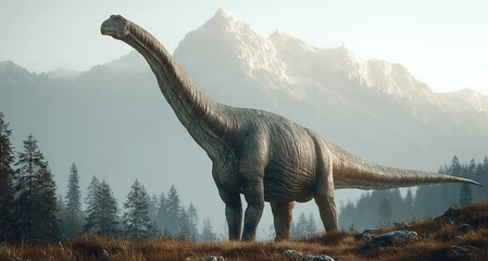 Obraz premium Glacialisaurus in a prehistoric forest near towering mountains amid ancient landscapes