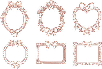 Obraz premium Vintage Frames in sketch style set, Whimsical hand drawn ornamental badge and borders, Antique ornate elegant decorative elements vector illustration in coquette style