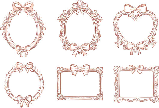 Vintage Frames in sketch style set, Whimsical hand drawn ornamental badge and borders, Antique ornate elegant decorative elements vector illustration in coquette style
