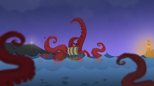 Giant red octopus attacking a pirate ship at twilight