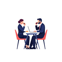 Obraz premium Businessman and businesswoman in suits have a professional coffee meeting at a cafe, with a laptop open on the table.
