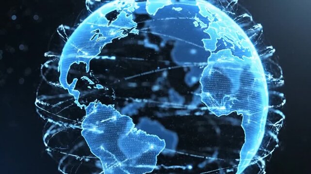 Digital illustration of a blue globe with network connections on a dark background with a futuristic feel.