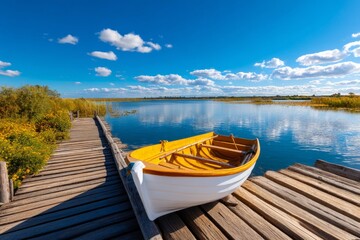 Obraz premium Wooden Boat Tied to Pier Waiting for Departure on Calm Water Under Blue Sky