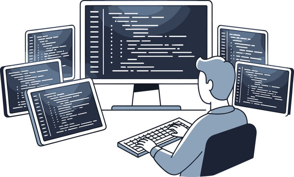 Programmer at desk, coding on monitors, software development, multitasking setup, tech workspace, computer screens, digital environment, developer tools, coding workflow, IT professional