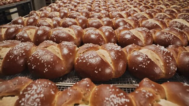 Sweeping overhead view simulating a drone shot slowly panning across long, organized rows of perfectly toasted pretzel buns ready for grilling and assembly preparation, toasted, gourmet