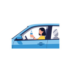 Fototapeta premium A woman with short black hair is shown from the side, driving a blue car while holding a bottle of water to stay hydrated.