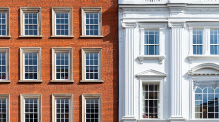 Fototapeta premium Striking contrast between red brick and white Georgian architecture showcases symmetry and elegance, evoking sense of history and charm