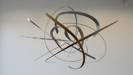 Abstract kinetic sculpture with swirling metallic ribbons creating a sense of motion and dynamism.