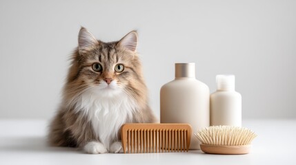 Naklejka na ściany i meble Cat sitting beside grooming tools including a comb and shampoo bottles for pets on a clean white surface with soft lighting and minimalistic background