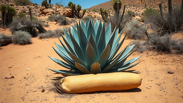 amalgam. A mature blue agave plant lies harvested on the arid desert ground under harsh sunlight. gardening catalogs, home-decor guides, designed for gardening and botanical catalogs.