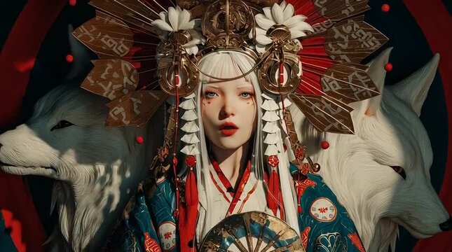 Animation of Anime Woman Amaterasu Japanese Sun Goddess from Shinto Mythology with Divine Background