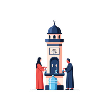 A Muslim man and woman are filling their water bottles at a Sabil, a public water fountain at a mosque, for the community.