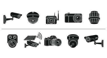 Black and white vector icon set of security surveillance cameras including dome CCTV wireless smart monitoring and digital photography equipment on white background © MstNasrin