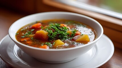 A steaming bowl of hearty vegetable soup with potatoes carrots and parsley served near a window