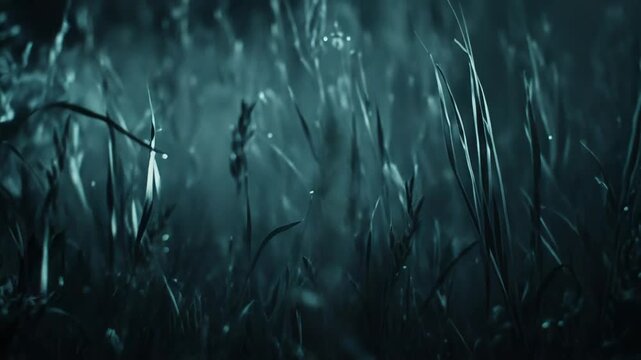 Wet blades of grass and plants in a dark, moody field at night, sparkling with tiny dew drops and subtle bokeh for an ethereal, tranquil natural macro scene