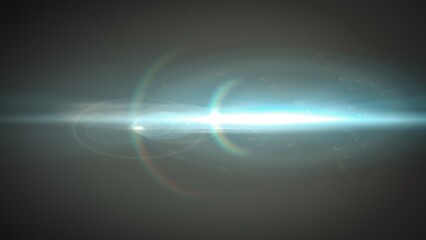 Bright lens flare effect with radiant light beams and rainbow halo on dark background