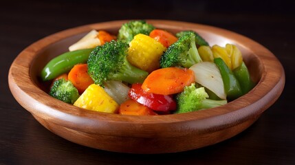 A colorful mix of cooked vegetables including broccoli carrots corn and bell peppers served in a rustic wooden bowl