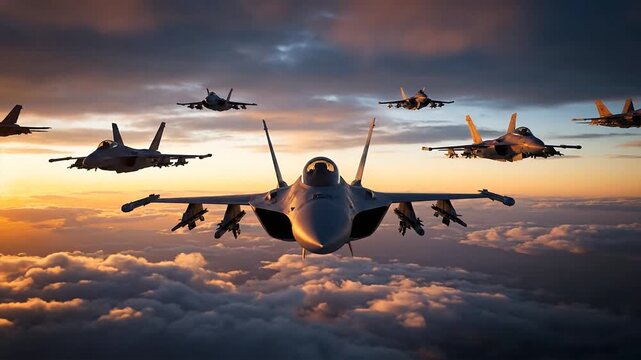 Formation of fighter jets soaring above the clouds at sunset
