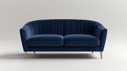 Elegant navy blue velvet sofa with channel tufting and golden legs
