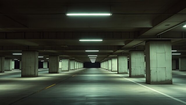 epilogue. An empty underground concrete parking garage with long perspective and harsh fluorescent lighting. real-estate listings.