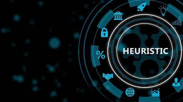 Digital infographic diagram with Heuristic text and technology icons on dark background natural language processing, 4k video