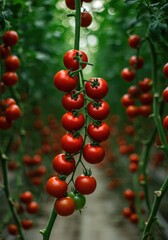 Fototapeta premium Heavy clusters of ripe red tomatoes hang densely from green vines in a large commercial greenhouse, promising an abundant harvest ,fresh ,quality ,ripe