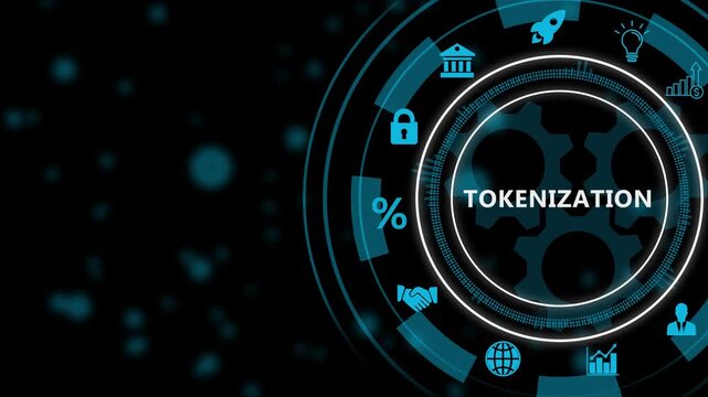 Digital infographic diagram with Tokenization text and technology icons on dark background natural language processing, 4k video