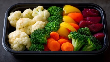A black bento box filled with a colorful assortment of steamed vegetables including cauliflower broccoli carrots peppers and beets