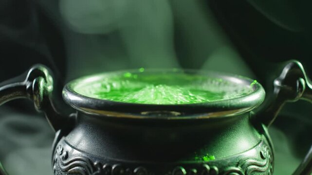 Stylized conceptual shot of a shiny metallic cauldron mug gently bubbling with a glowing neon green liquid against an intensely dark and smoky background conceptual, cauldron, template
