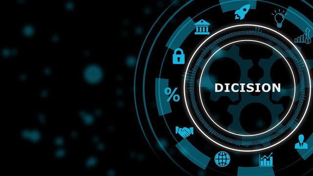 Digital infographic diagram with Dicision text and technology icons on dark background natural language processing, 4k video