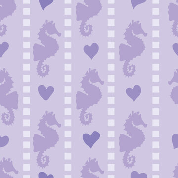 seahorse silhouette with white stich and purple hearts seamless pattern. Good for fabric, textile, art, wrapping, decorations and more.