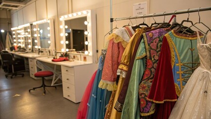 Fototapeta premium Colorful Costumes Hanging in Dressing Room with Bright Mirrors
