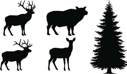 Fototapeta premium Silhouettes of deer and a pine tree on a white background