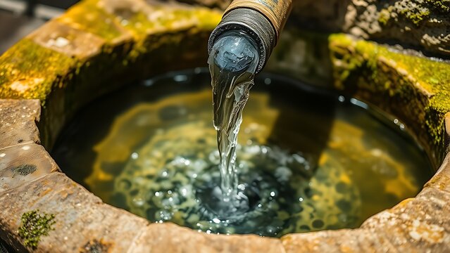 wellhead. Close-up of an ancient mossy stone wellhead with water flowing into a basin. real-estate listings.