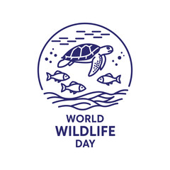 Fototapeta premium World Wildlife Day vector illustration with sea turtle and fish in ocean line art style