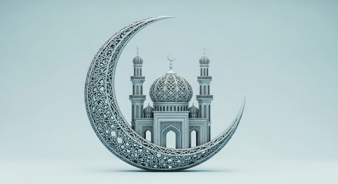 Beautiful intricately designed islamic crescent moon with mosque architecture symbolizing ramadan and eid celebrations worldwide islamic community.