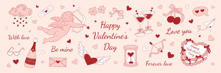 Valentine&rsquo;s Day banner with love symbols. Hand drawn illustration isolated on pink background.